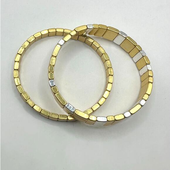 Madewell Stretch Bracelet Set of 2 Gold tone Square Beads Casual Jewelry Preppy - Picture 2 of 8